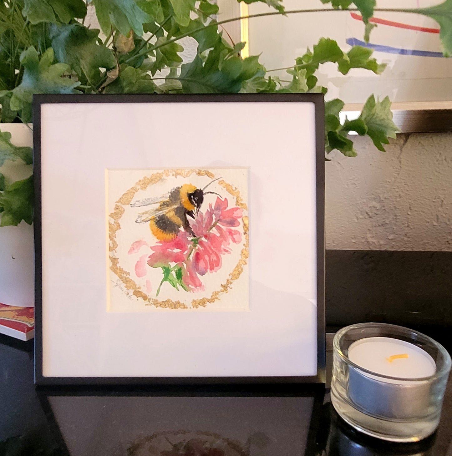 Watercolor ´Bumble bee being busy´, 10x10cm