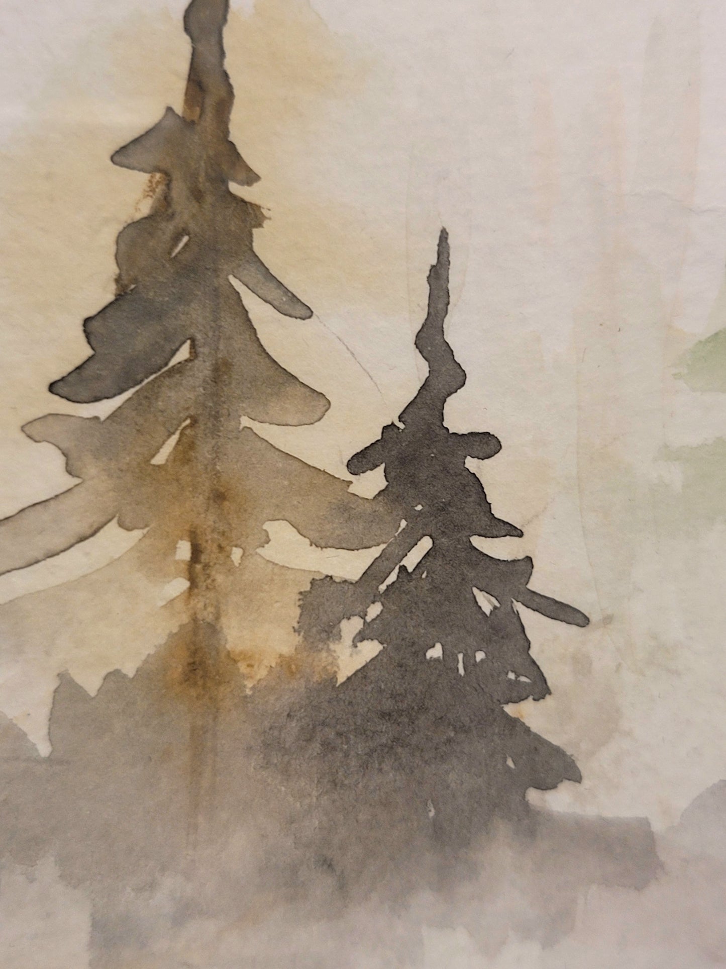 Watercolor ´Fir trees in the fog´, 8x8cm