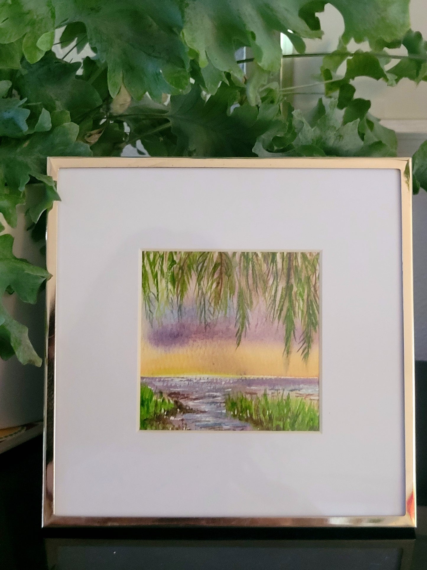 Watercolor ´Sunset under palm leaves´, 12x12cm