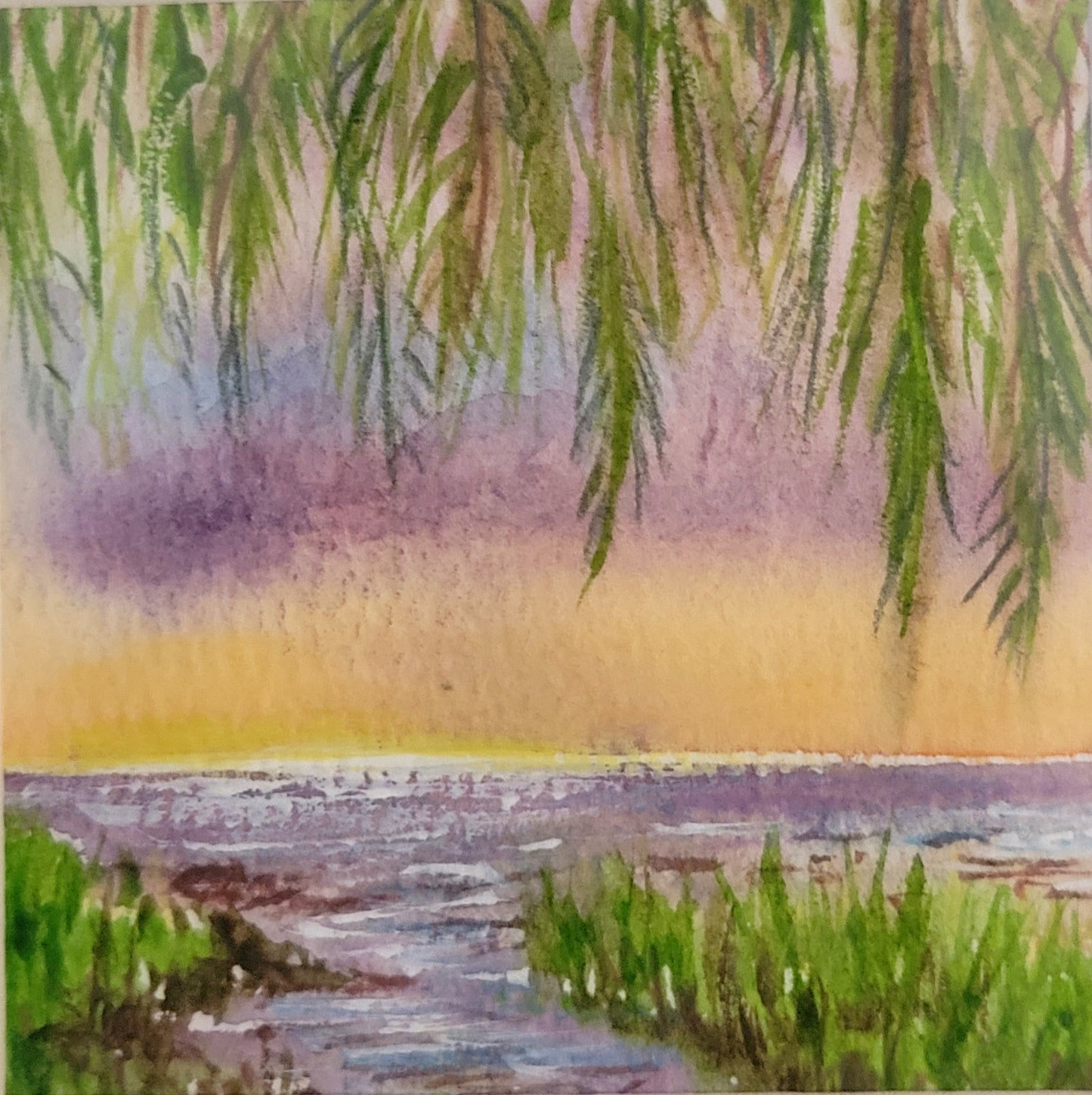 Watercolor ´Sunset under palm leaves´, 12x12cm