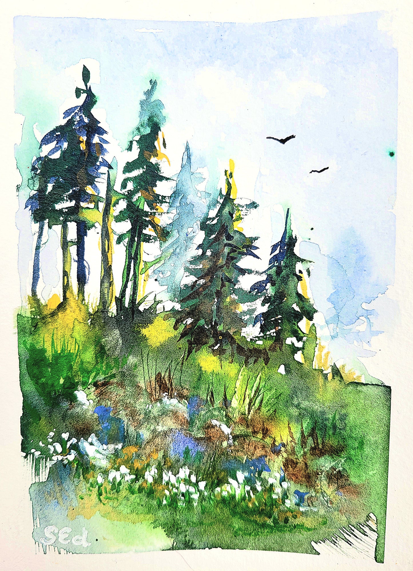 Watercolor ´By the fir trees on the hill´, 18x13cm