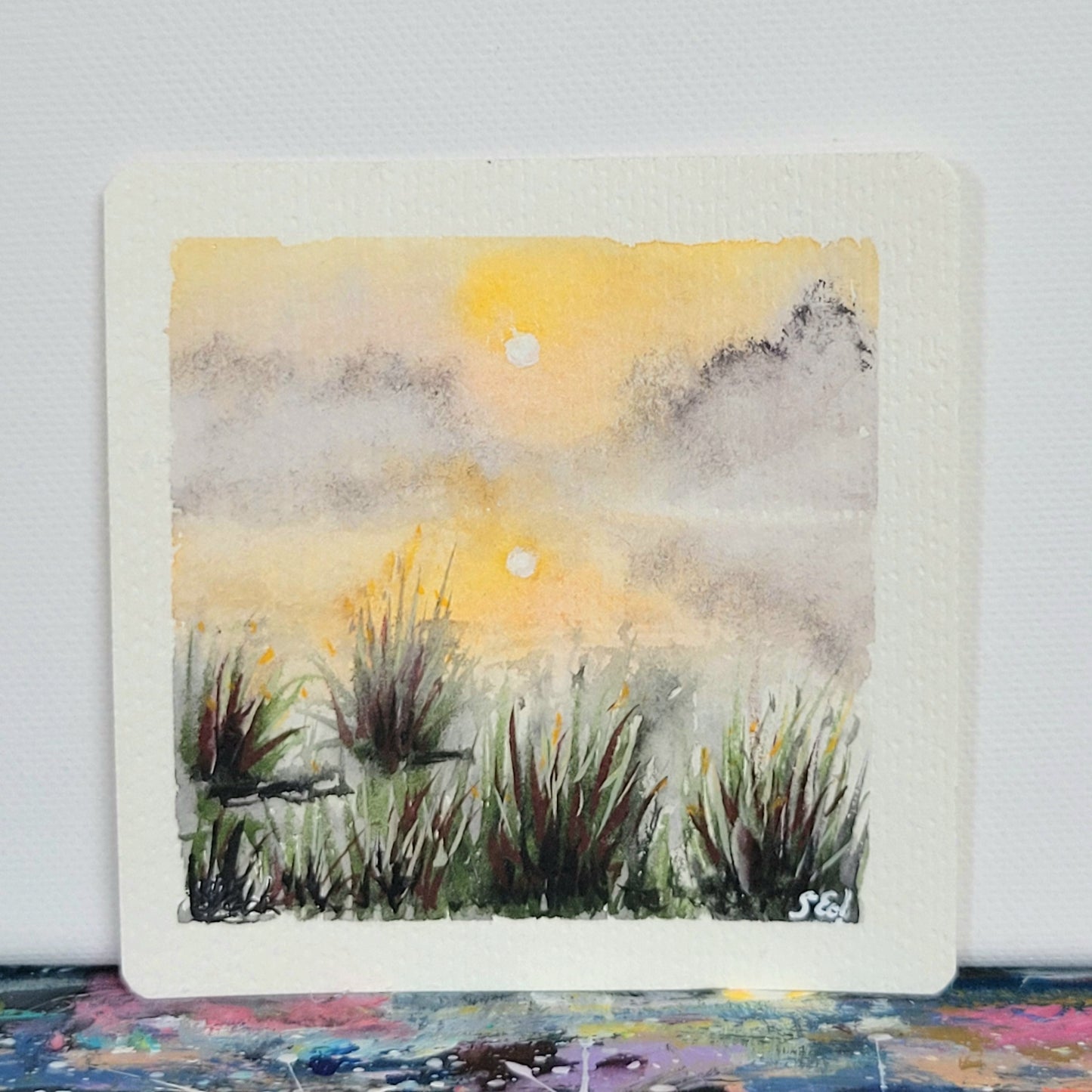 Watercolor ´Foggy lake´, 10x10cm