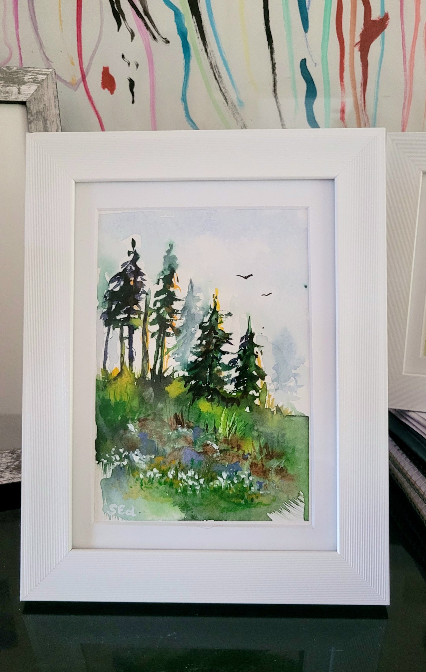 Watercolor ´By the fir trees on the hill´, 18x13cm