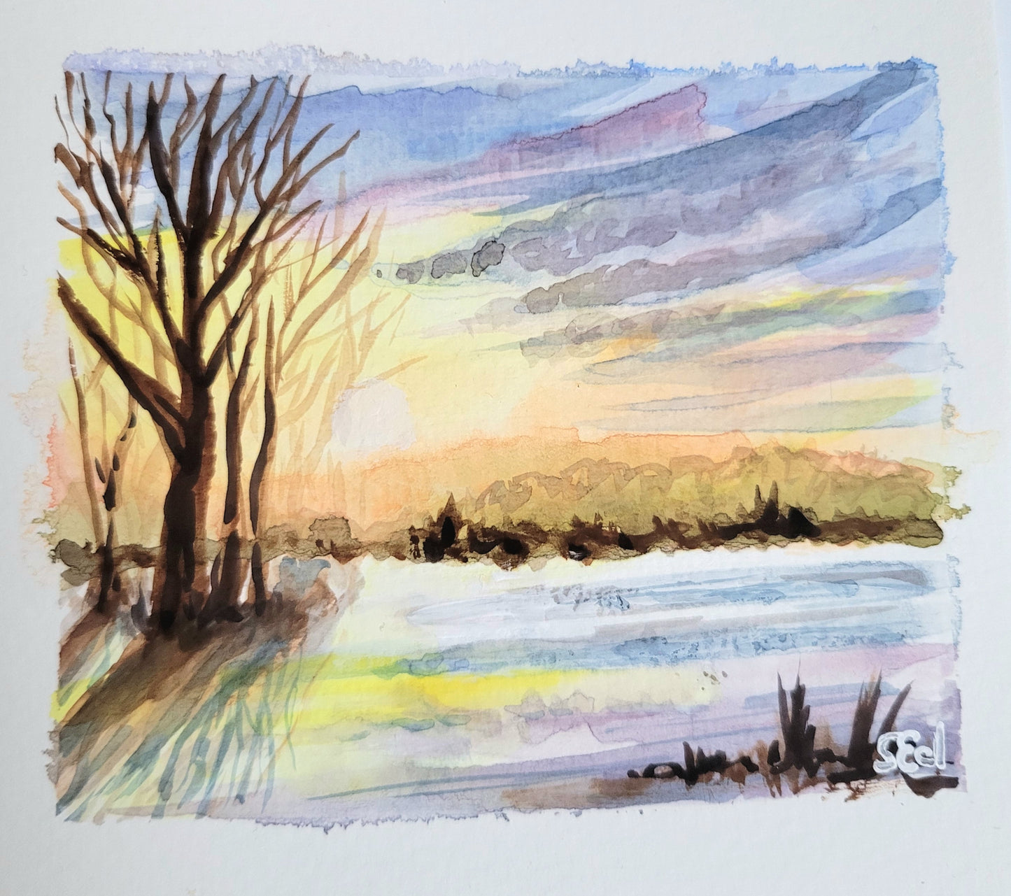 Watercolor ´Sunset on the field´, 10x10cm