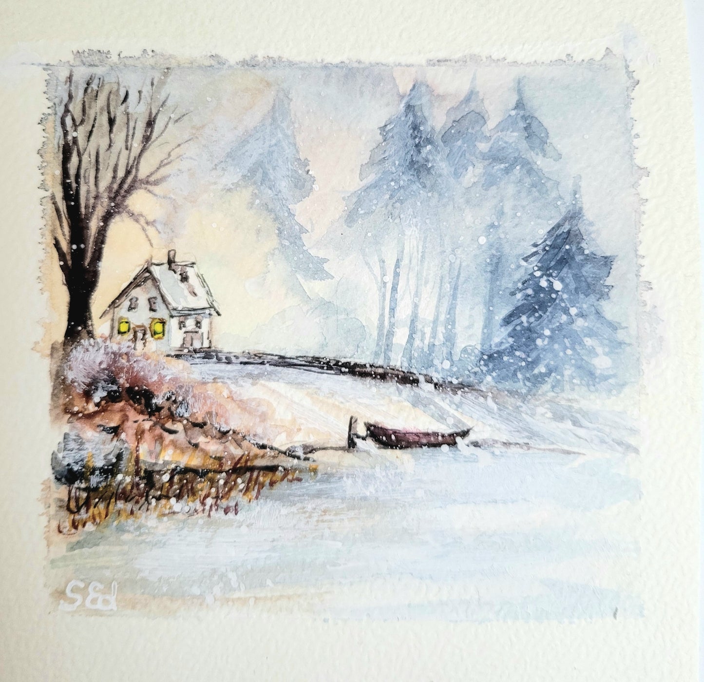 Watercolor ´Winter at the lake´, 12x12cm