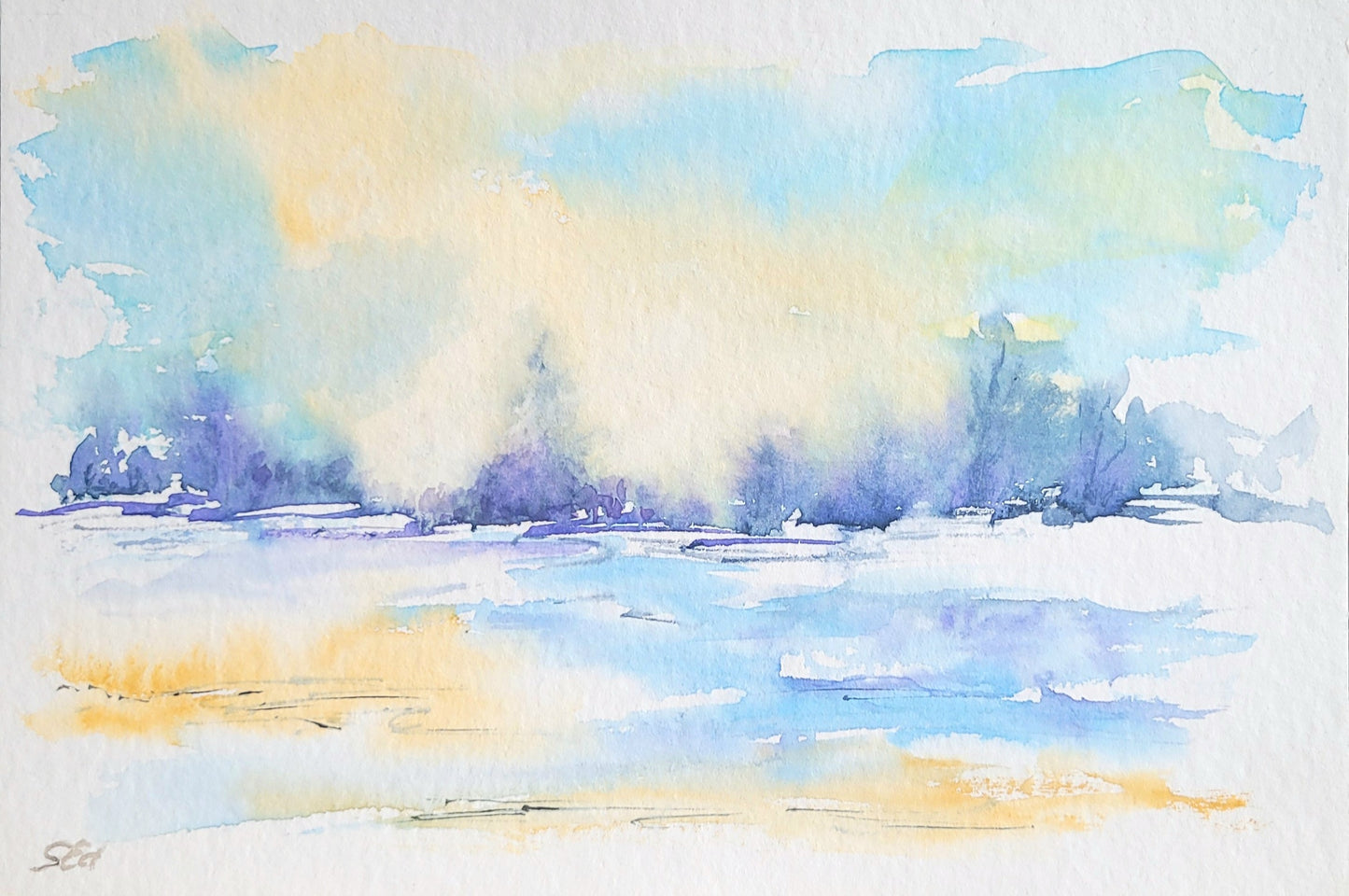 Watercolor ´Winter magic at the frozen lake´ 15x18cm