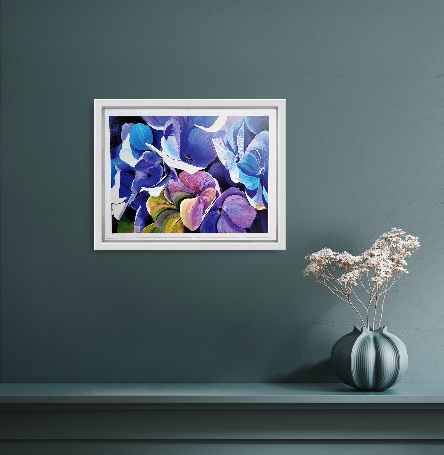 Light on blue hydrangeas, Print, A4