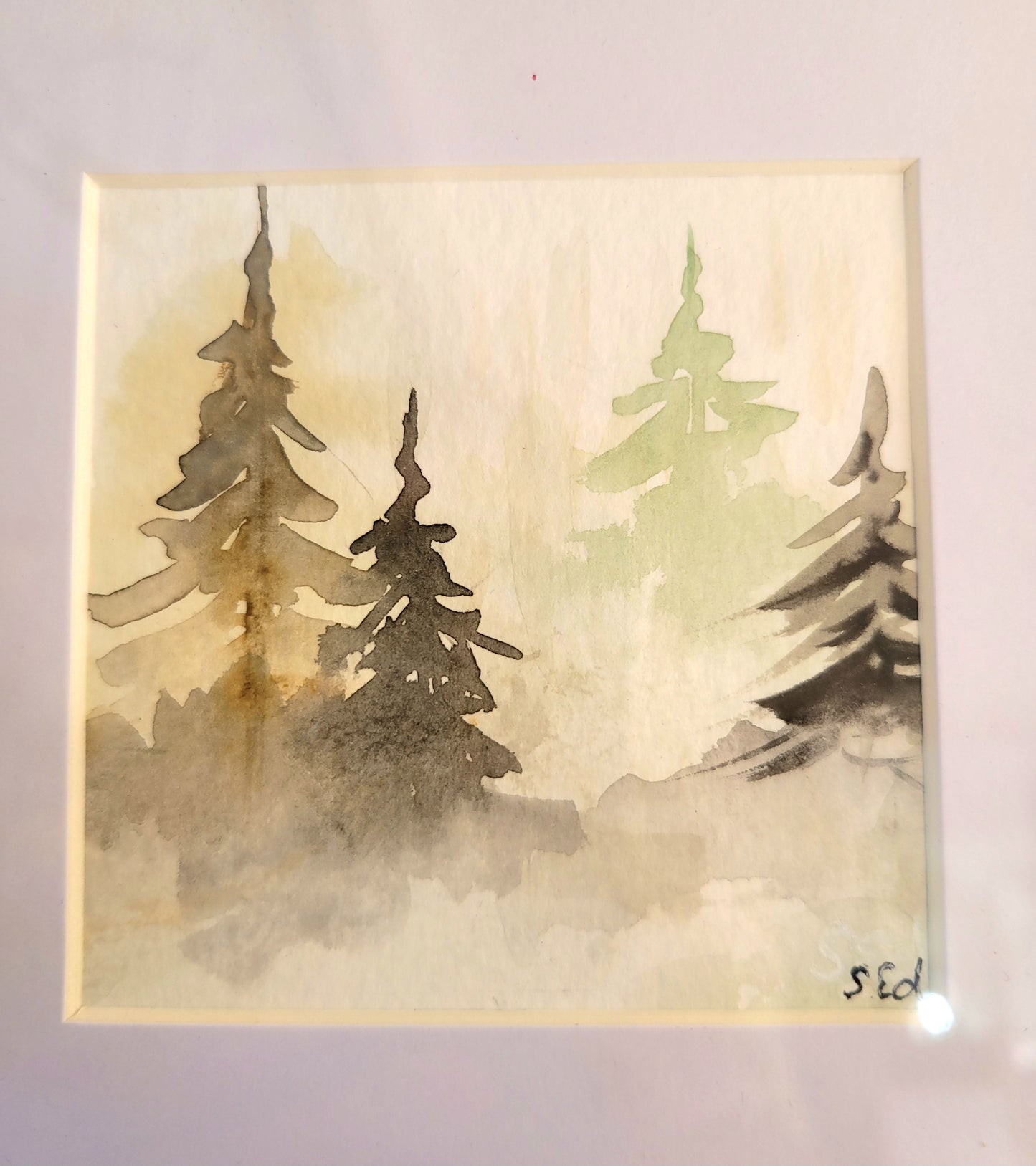 Watercolor ´Fir trees in the fog´, 8x8cm
