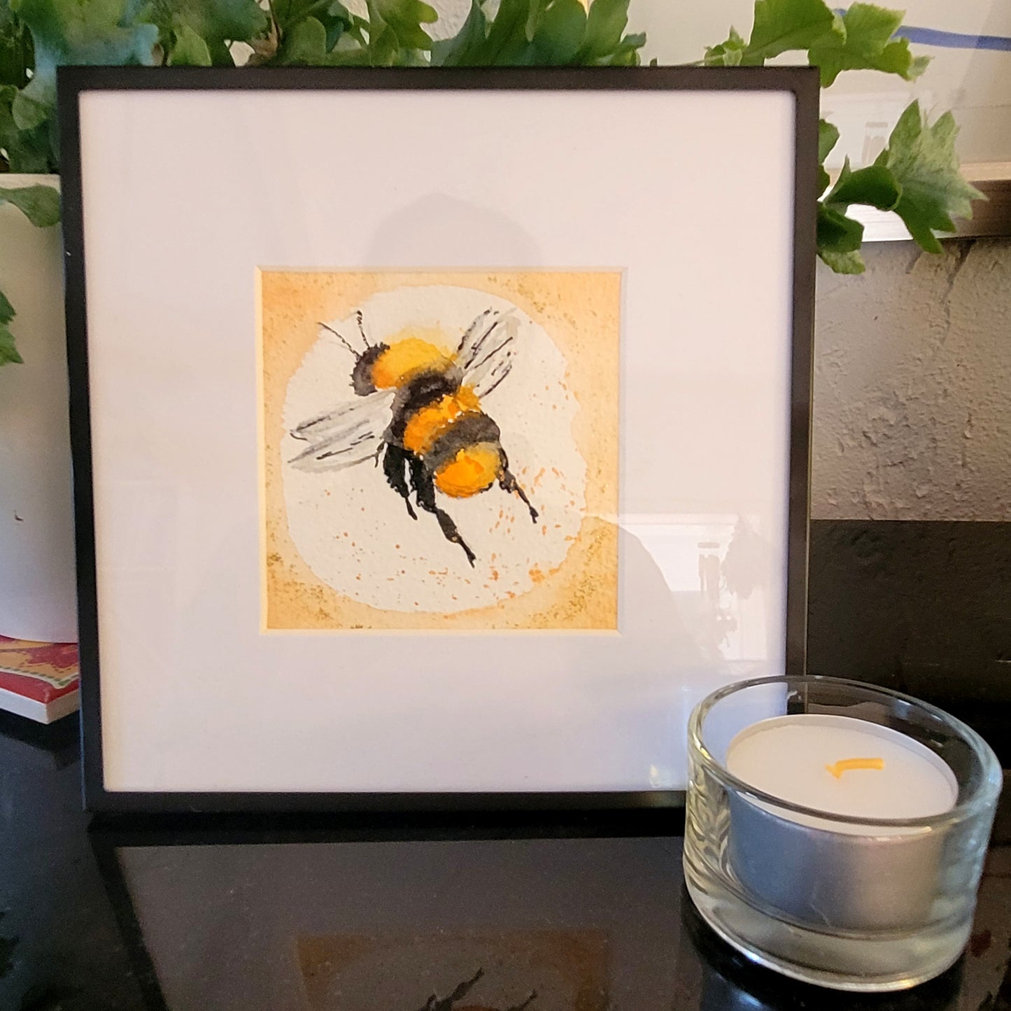 Watercolor ´Bumble bee in golden glitter´, 10x10cm