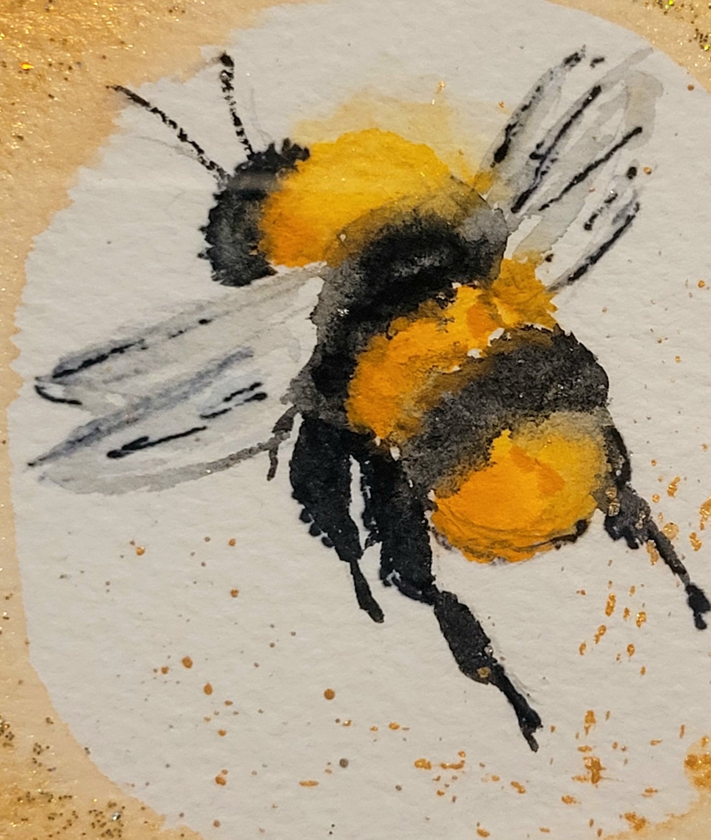 Watercolor ´Bumble bee in golden glitter´, 10x10cm