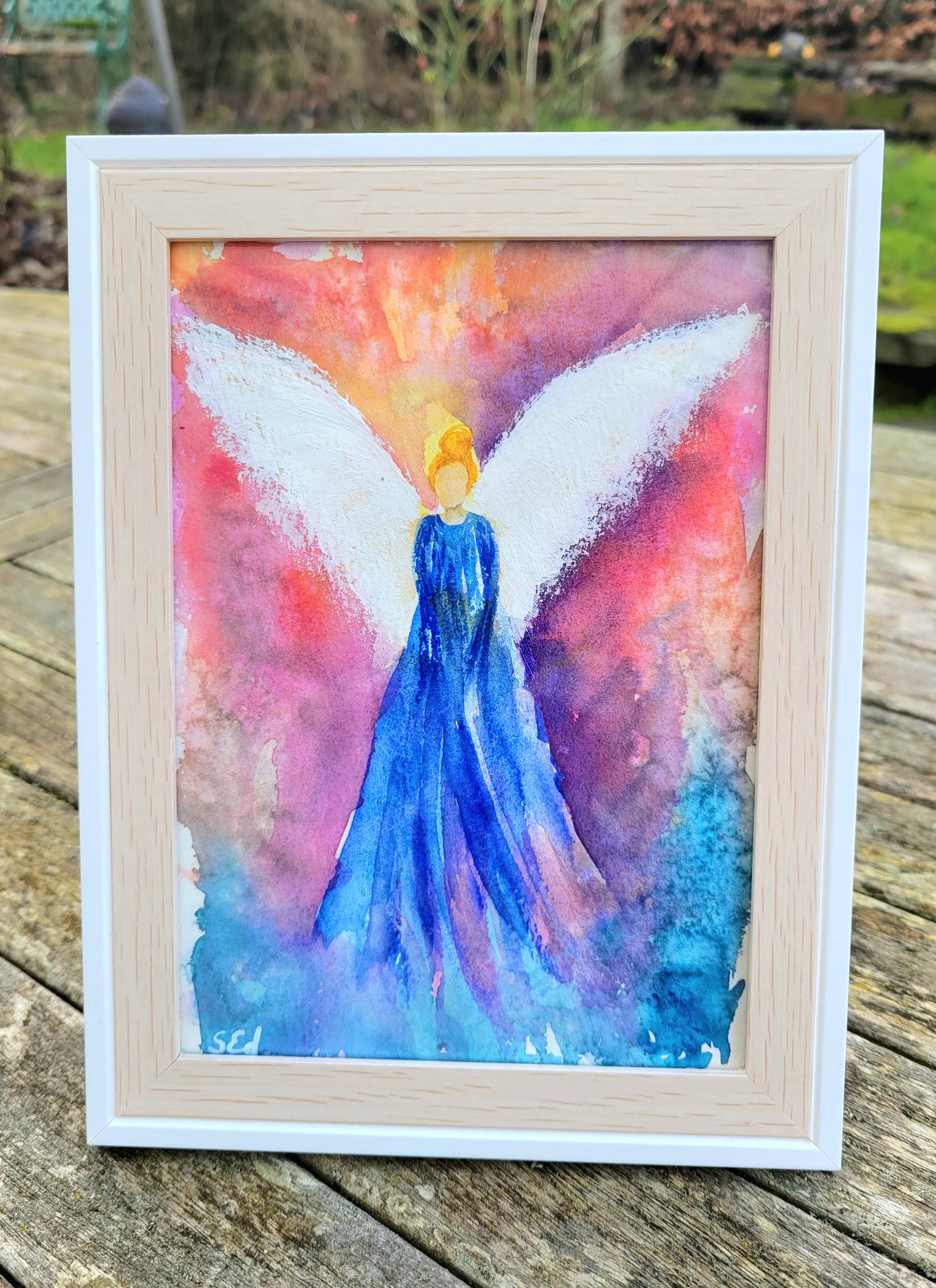 Angel of Tranquility watercolor with gold sparkle, signed & matted