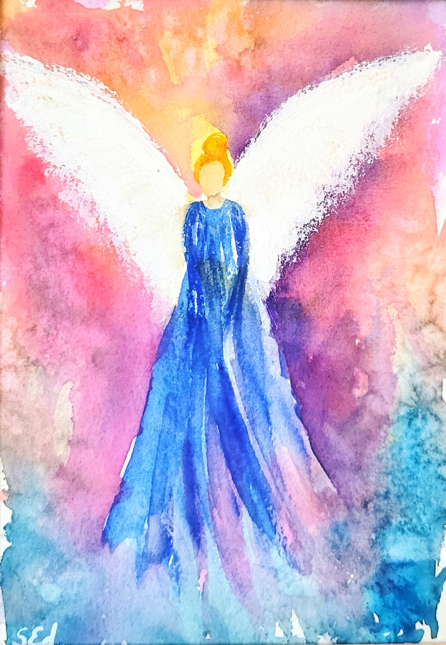 癒しの絵　水彩画　エンジェル Angel of Tranquility watercolor with gold sparkle, signed & matted